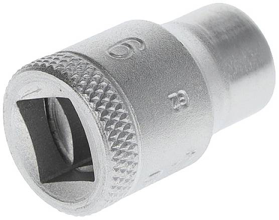 Metal socket with knurled edge and square opening, used for socket wrenches.