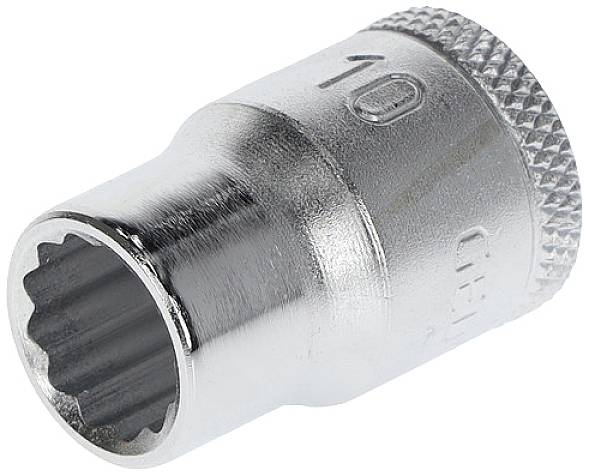 A silver socket extension with an imprinted number '10'. The extension has serrated inner edges for use with a ratchet.