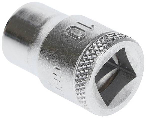 A silver socket extension with an engraving of the number '10' on the side, lying on a light surface.