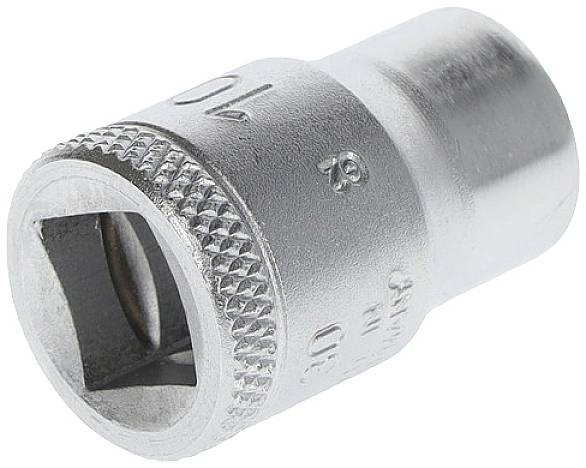 Hexagon socket attachment, made of metal, marked with '10' for spanner size, suitable for tools such as ratchet spanners.