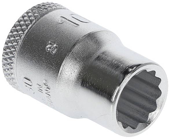 Chromed metal socket wrench attachment with a round shape and fluted edge. Suitable for screw work on machinery or vehicles.