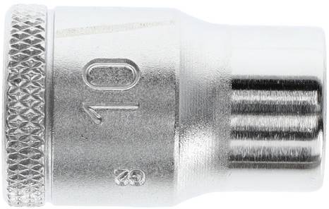 Metallic socket key insert with the engraving '10', glossy, cylindrical, with a ribbed edge for better grip.