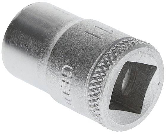 Metal socket with a fluted edge and embossed number '17', commonly used for screw-related tasks.