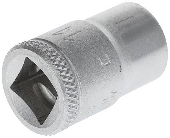 Metallic socket with square drive and knurled edge, suitable for ratchet tools and screw-related work.