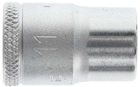 A silver-coloured socket attachment with a knurled edge and engraved markings.