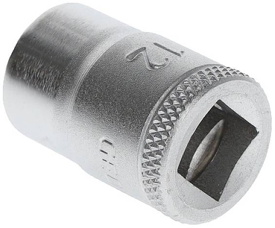 Metal socket with a ribbed surface and engraved number '12', used for ratchet tools.