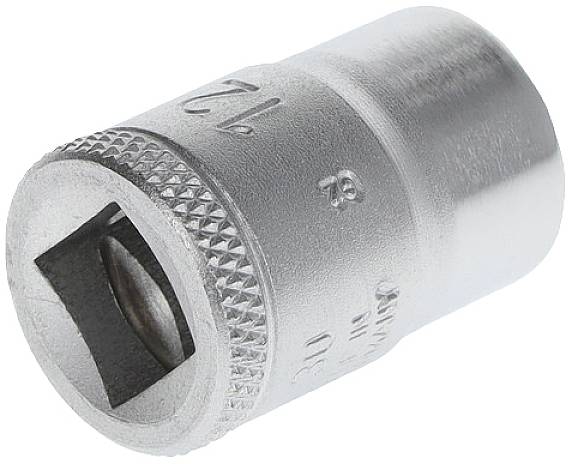 Metal socket, hexagonal, with knurled handle, suitable for socket wrench. Size markings engraved on the side.