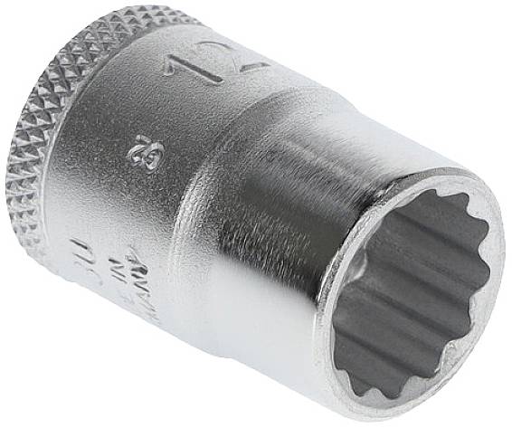 A silver hexagonal socket with a knurled surface, likely for use in a socket wrench set for fastening.