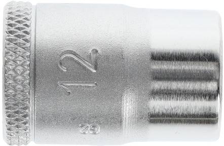 Metal screwdriver bit with the number '12' embossed, knurled edge and smooth surface, showing the size and form of the tool.