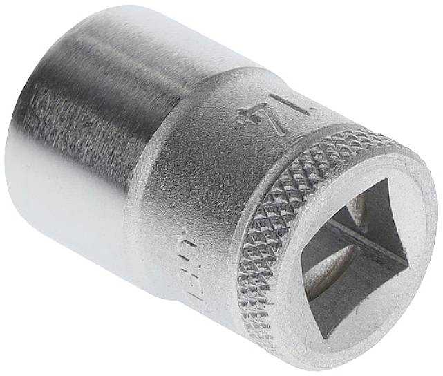 Close-up of a silver hexagonal nut with an engraved size marking of '13mm', used for mechanical work and repairs.