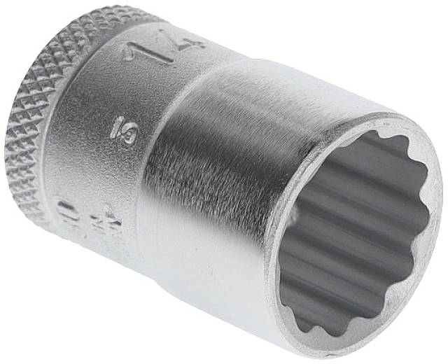 Metal socket wrench with a ribbed handle and rounded opening, suitable for tightening or loosening screws.