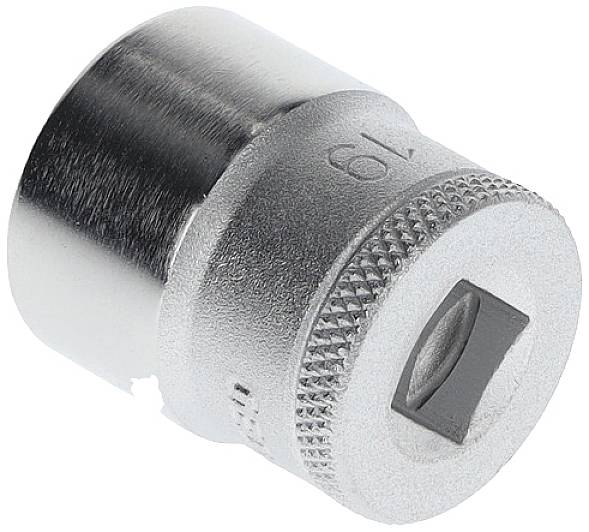 A silver metal socket with a square drive and the engraved number '19', used for spanners.