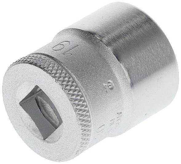 Metal socket, cylindrical, with knurled edge and square opening to accommodate a socket wrench.