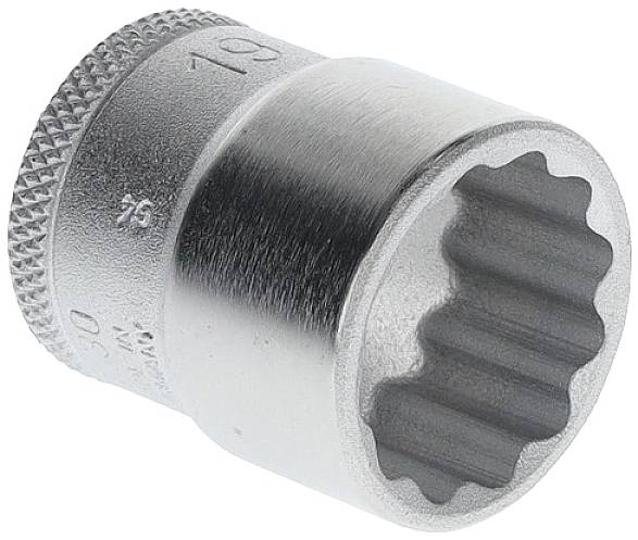 Metal socket, internally threaded, size stamped on the top surface. Used for tightening or loosening screws.