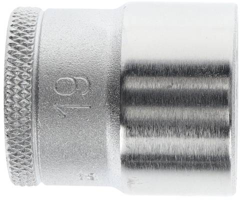 A silver socket attachment with a precise, knurled edge and an engraved number '19' indicating its size.
