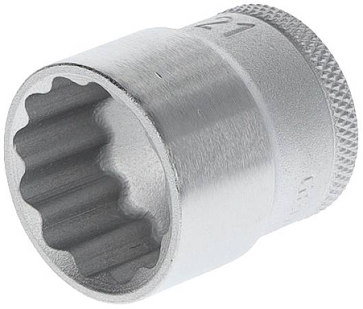 A silver 12-sided socket. It is suitable for gripping nuts and bolts and has a non-slip surface.
