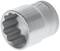 A silver 12-sided socket. It is suitable for gripping nuts and bolts and has a non-slip surface.