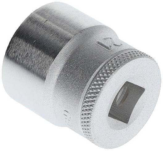 Metal socket nut with 12-mm marking and hexagonal opening, used in mechanical applications for bolts.