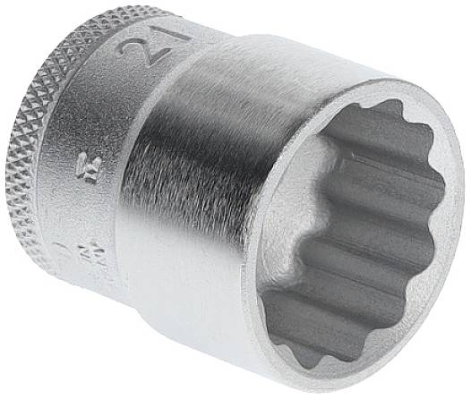 A chrome-plated socket insert with 21 mm marking. Octagonal inner area for turning nuts or bolts.