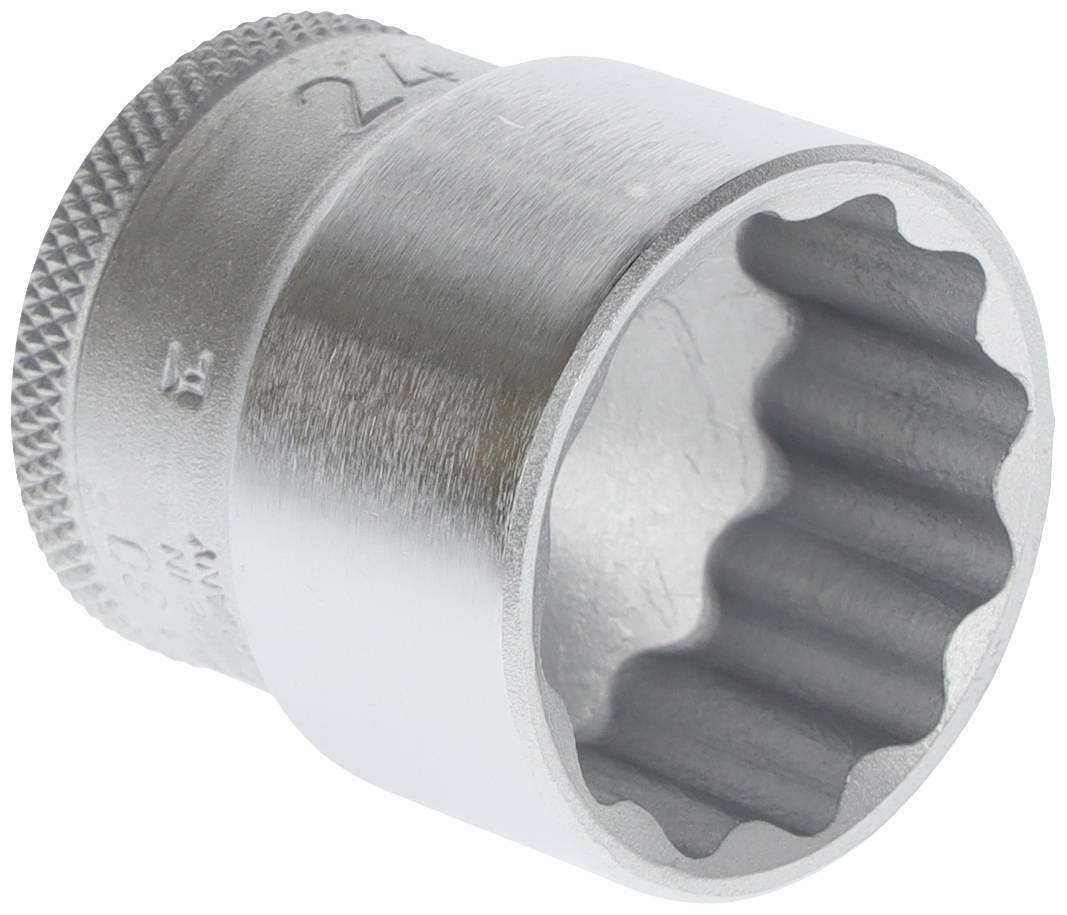 Metal socket spanner with a ribbed handle and embossed size marking, against a white background.