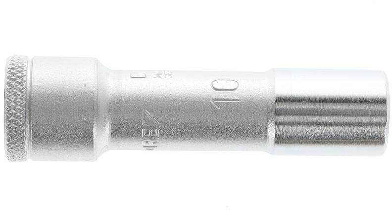 A silver socket adaptor with a size of 10 mm and engraved markings on the surface.