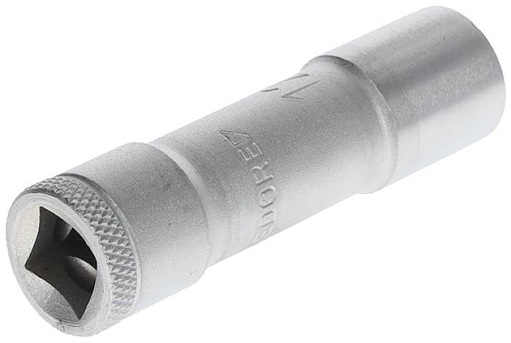 Hexagon socket nut in an elongated metal form, suitable for hexagon head screws. Ideal for repair and assembly work.