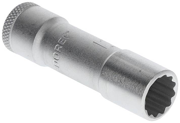 A silver socket extension with a knurled end and integrated profile.