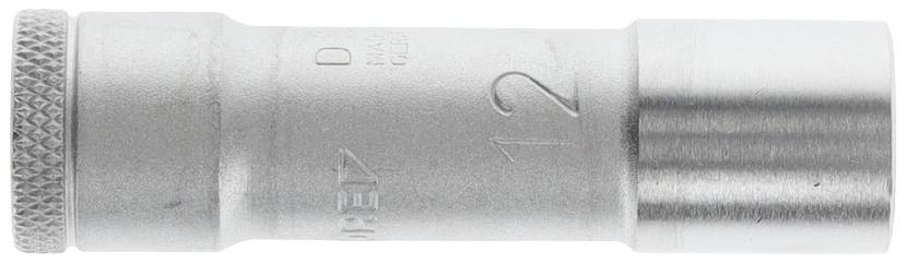 Metal socket spanner, 12 mm size, with a shiny surface, knurled handle for improved grip, used for screws or nuts.