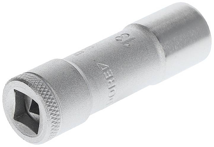 A silver spark plug nut with a square opening on one side and a hexagonal socket opening on the other.
