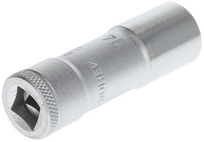 Silver-coloured hexagonal socket nut with a knurled edge, used for tightening or loosening nuts and bolts.