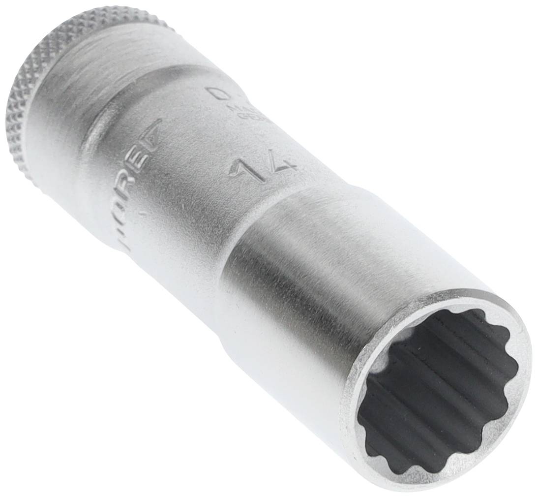 A silver socket extension, knurled at one end, with the engraving '14'. Used for nuts or bolts of 14 mm size.