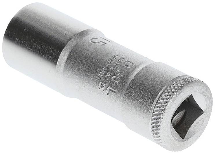 A silver socket extension in cylindrical form, with a hexagonal opening at one end and a knurled edge at the other end.