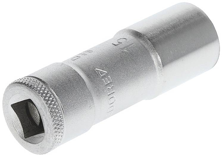 A silver-coloured hexagonal socket wrench with a square drive and knurled end for improved grip.