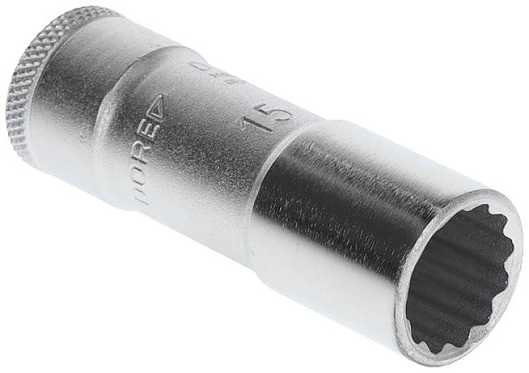 A silver 15 mm socket with a knurled end, lying on its side.