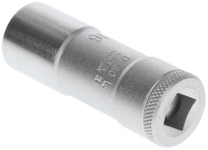 Metal socket with a square opening and knurled edge, suitable for tightening or loosening screws and nuts.