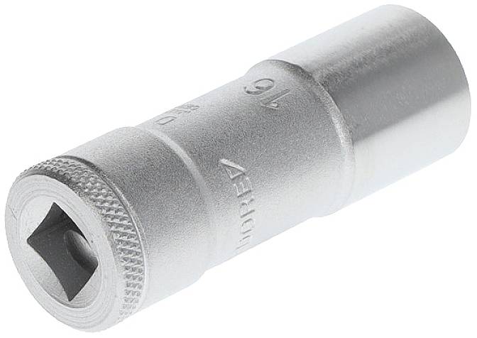 Metallic socket, cylindrical, with knurled handle. Embossed text '16' and 'CHROME VANADIUM'. Tool for spanner/wrench.