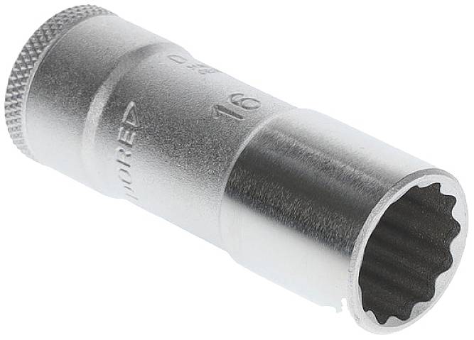 A silver socket with a fluted end and a twelve-sided opening. It is suitable for loosening or tightening screws.