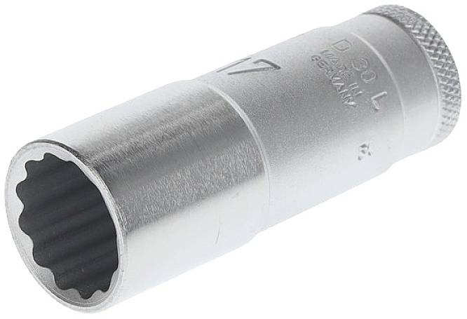 Metal base with a ribbed edge and sixteen-sided opening, used for mechanical applications or as a tool attachment.