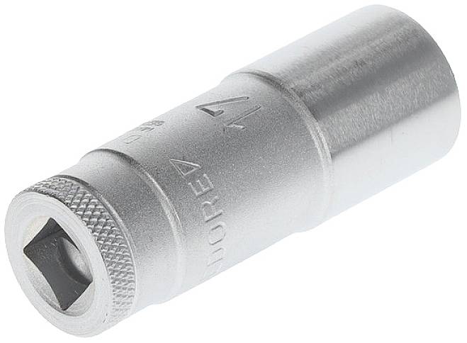 Metal socket key attachment with 12-point internal profile and square drive at one end, for use with ratchet tool.