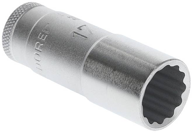 Socket wrench, cylindrical, made of metal, with knurled handle and round profile for torque transmission to nut or bolt.