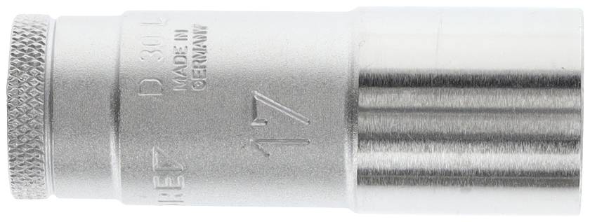 'Silver metal socket wrench with ridged handle and engraving "MADE IN GERMANY".'