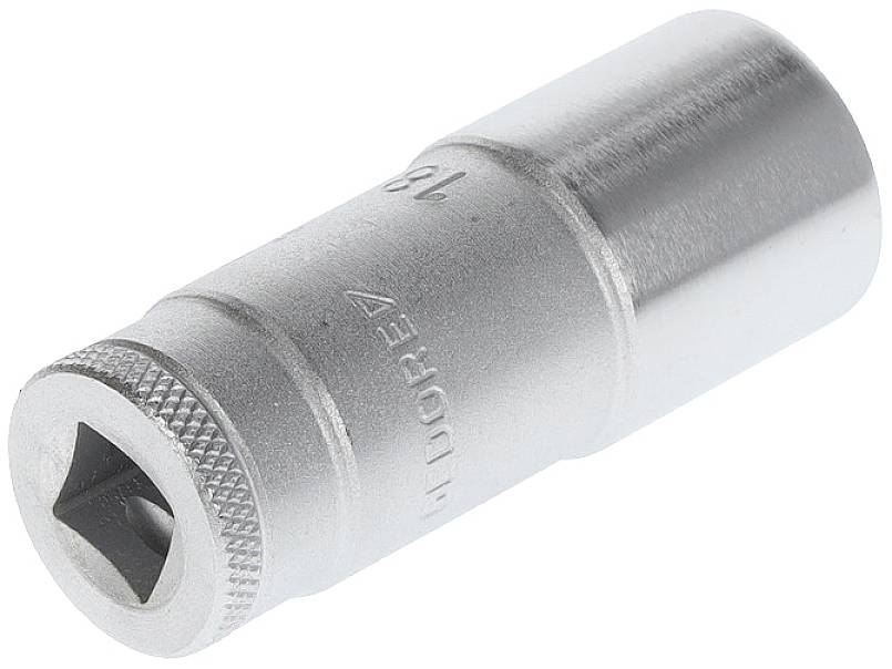 A silver spanner or socket tool with a ridged handle and a square opening at the end.