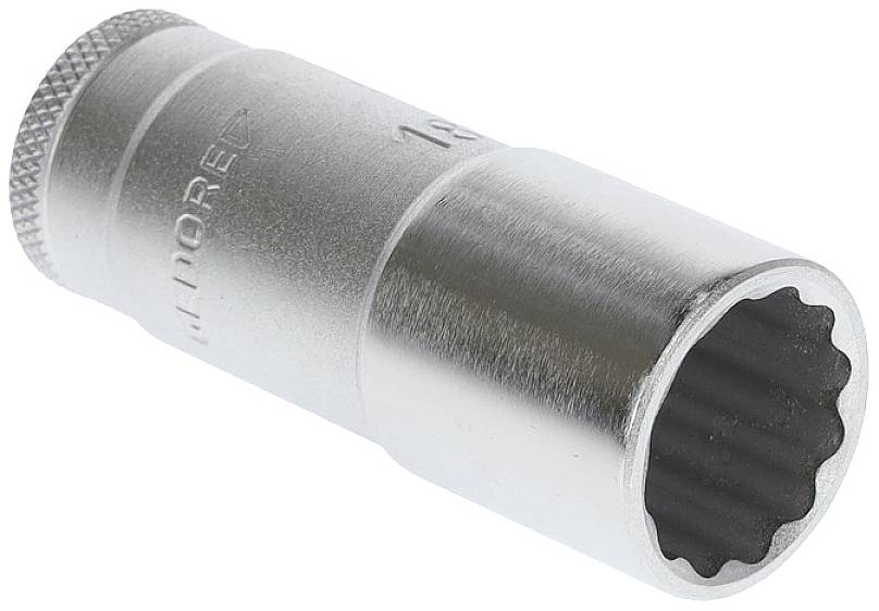 Metal socket spanner, cylindrical, with a serrated end. Used for turning screws or tightening nuts and bolts.
