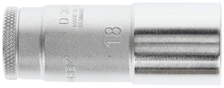A silver metal socket, marked with '18', 'Made in Germany'; cylindrical shape with a knurled grip area.
