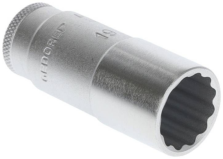 A silver-coloured socket attachment with a ridged handle and a size of 19, marked with the brand name on the side.