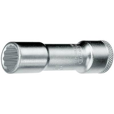 Metal socket for a spanner or ratchet, cylindrical in shape with a knurled edge, size and logo engraved on the side.