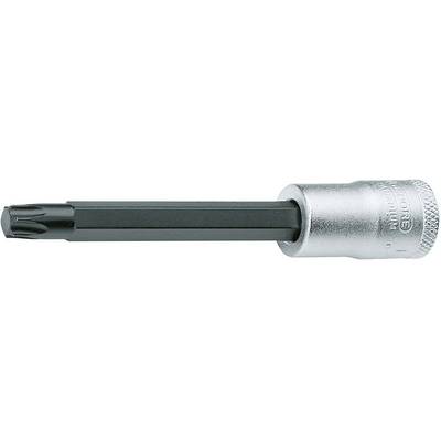 Socket wrench with long black bit insert. The silver base has knurled surfaces for better grip.