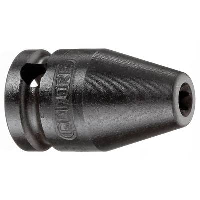 A black, conically shaped metal drill chuck with a knurled surface and engraved logo, viewed from the side.