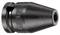 A black, conically shaped metal drill chuck with a knurled surface and engraved logo, viewed from the side.