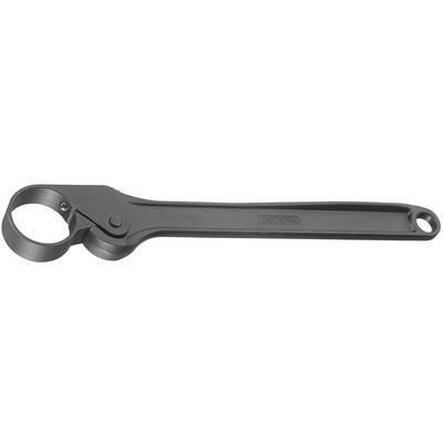 A black metal strap wrench used for gripping and turning round objects such as pipes or oil filters.